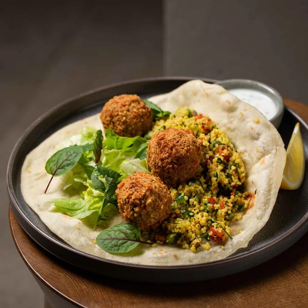 Mediterranean falafel wrap with couscous, fresh greens, a lemon wedge, and white sauce.